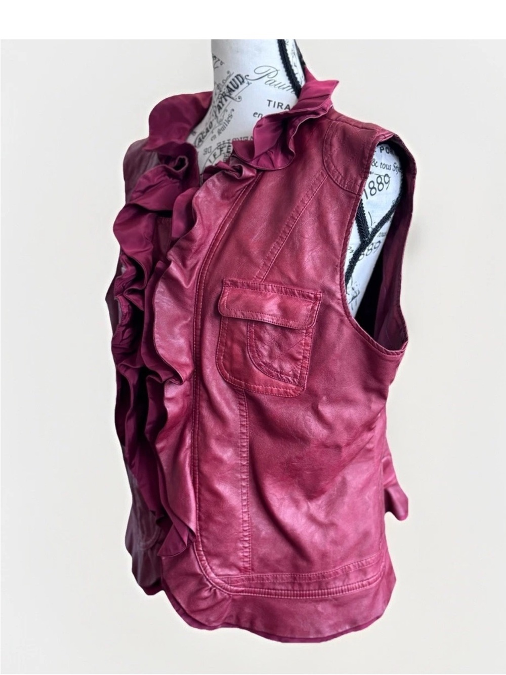 montanaco red ruffle faux leather zip up vest XL - Picture 2 of 13